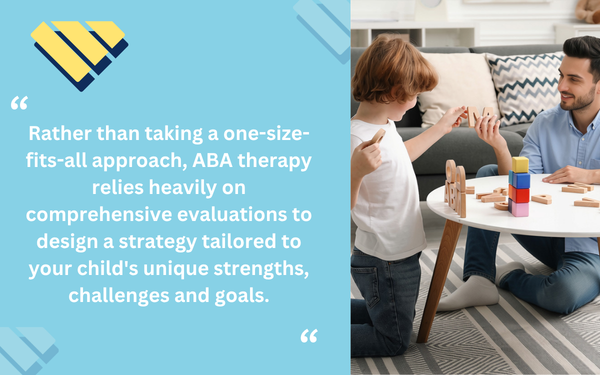 ABA therapist working with a child during a play-based session, alongside a quote about comprehensive ABA evaluations and individualized treatment strategies.