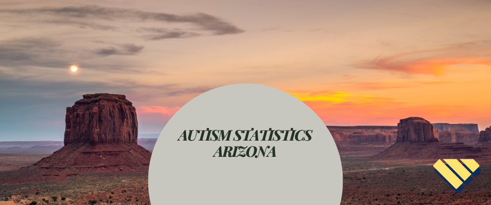 Autism Statistics Arizona graphic featuring Monument Valley at sunset with the Blue Gems ABA logo.