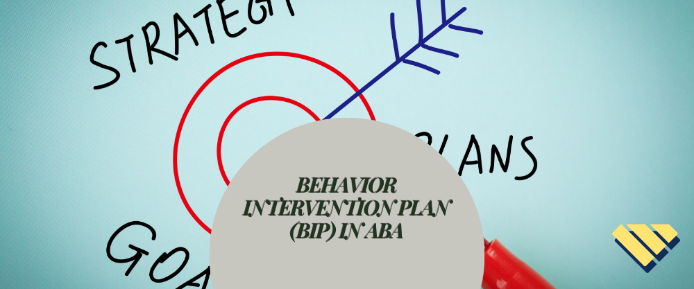 Behavior Intervention Plan (BIP) in ABA graphic featuring a target and arrow with the words “strategy,” “plans” and “goals.”