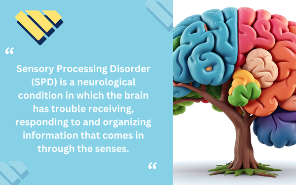 Sensory Processing Disorder definition with illustrated brain and sensory processing quote