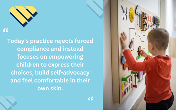 Child interacting with a wall-mounted activity board beside a quote about empowering children to express choices and build self-advocacy.