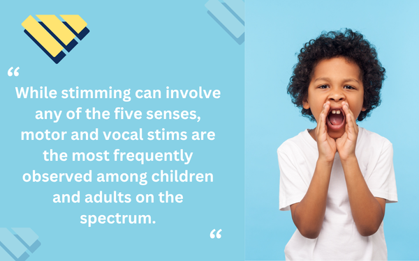 Child cupping their hands around their mouth beside text explaining that motor and vocal stims are frequently observed among children and adults on the autism spectrum.