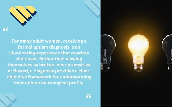 Blue Gems ABA graphic featuring a quote about adult women receiving an autism diagnosis later in life, alongside a glowing light bulb between two unlit bulbs.