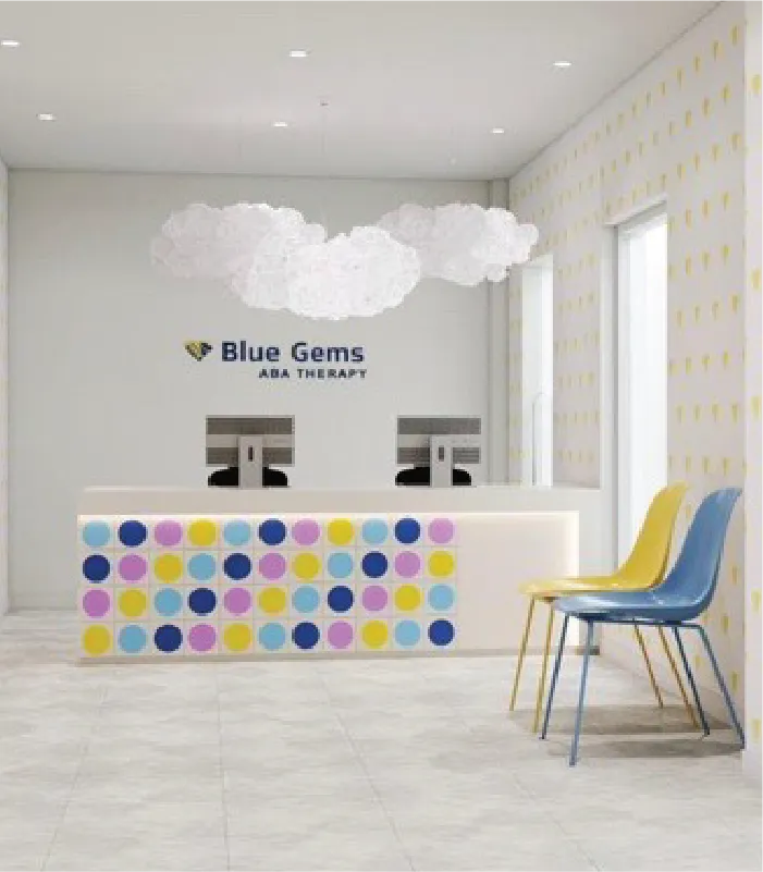Reception and waiting area at the Blue Gems ABA center in Woodlawn, Maryland.