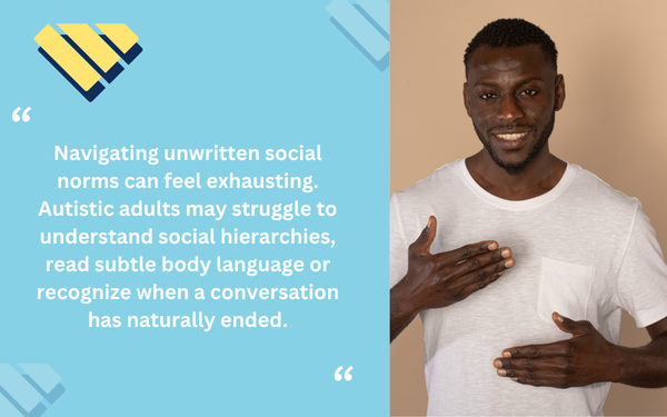 Autistic adult using hand gestures beside a quote about difficulty navigating unwritten social norms and body language.